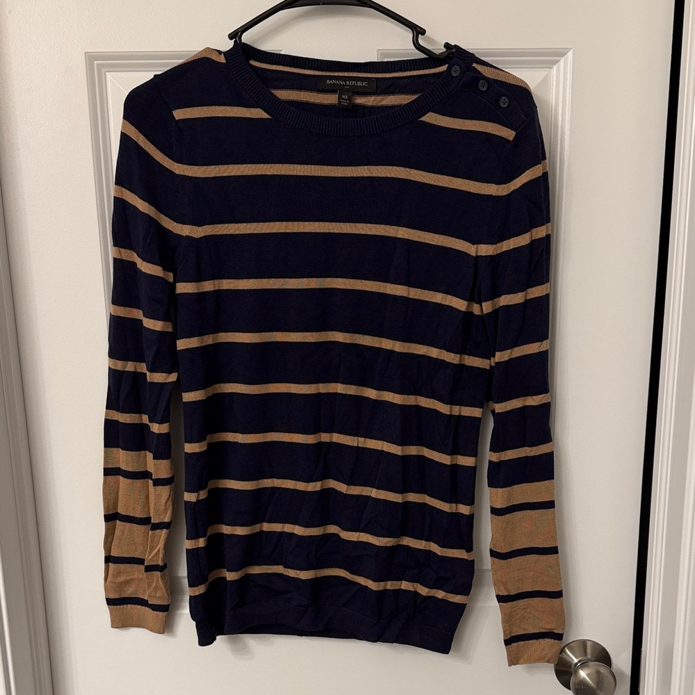 Banana Republic Navy and Tan Striped Sweater with Button Detail